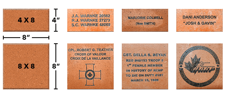 Examples of brick sizes and what can be engraved on them.